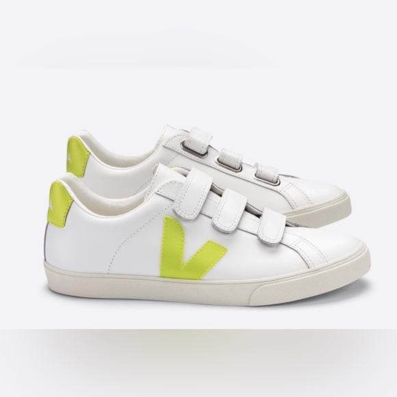 Veja Shoes - VEJA 3 Lock Leather Sneakers- white/juane fluo (neon yellow) women’s size 38/ 7